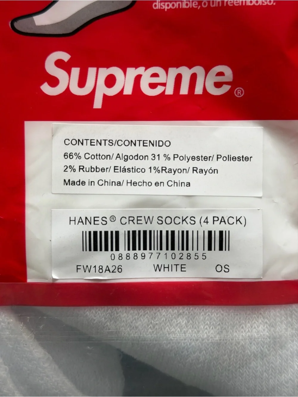 Hanes White Crew Socks with Red Supreme Logo - Pack of 4